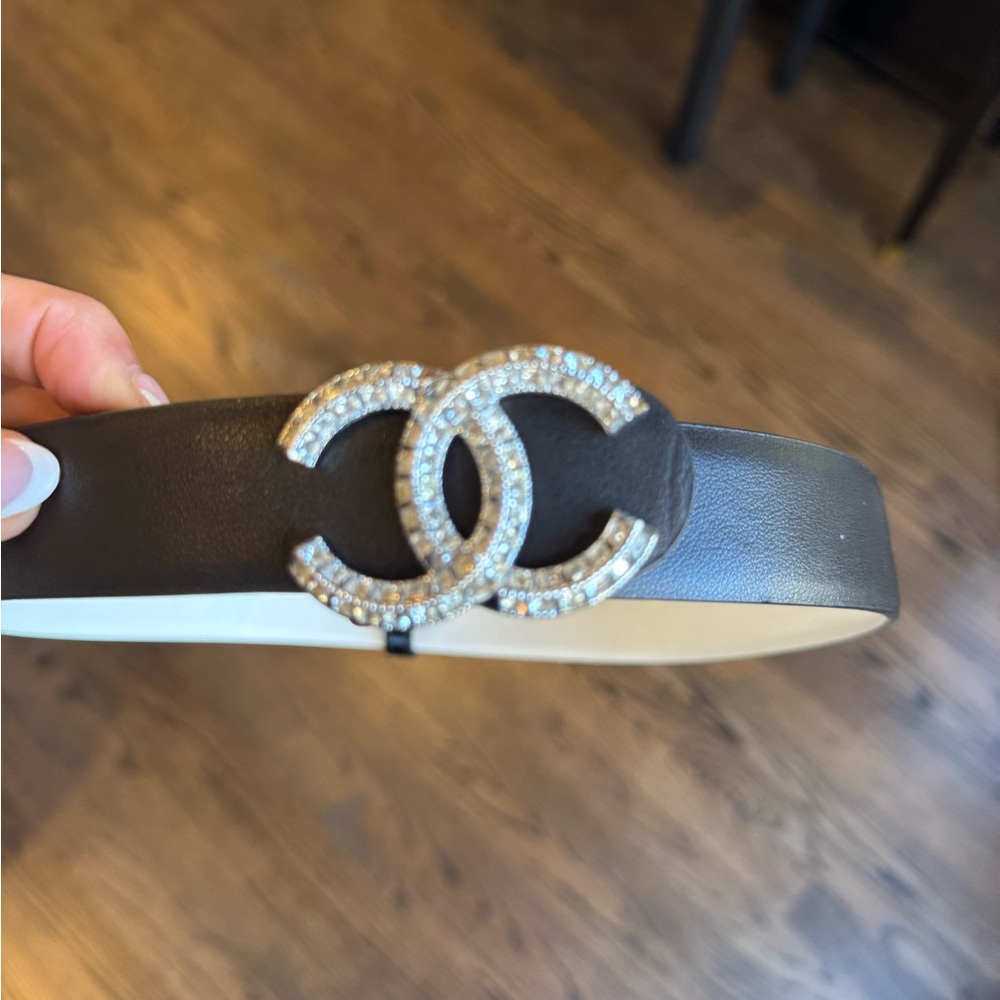 Chanel Black Leather Belt with Rhinestone Logo